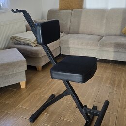 Na fotografii je černá polstrovaná židle s opěradlem a opěrkou pro nohy. Konstrukce je vyvedena v černé barvě, pravděpodobně z kovu. Na předmětu nejs…