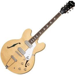 Polodupatá elektrická kytara s přírodním dřevěným povrchem a f-otvory. Na hlavě hředu je bílý nápis Epiphone a na bílém pickguardu se nachází logo v…