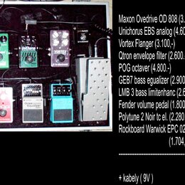 Fotografie zobrazuje pedalboard s řadou efektů. Jsou zde pedály s nápisy Maxon, UniChorus EBS, Vortex tc electronic, POG electro-harmonix, Bass Equal…