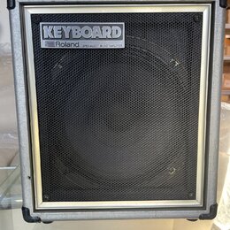 Kombinovaný zesilovač s šedým povrchem a černou síťovkou. V horní části je umístěn štítek s nápisy KEYBOARD a Roland SPECIALIZED MUSIC AMPLIFIER. Na…