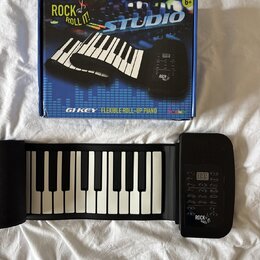 Na fotografii je černý s rollup mechanismem klavír a jeho původní modré balení. Na ovládacím panelu i na krabici je vidět logo ROCK AND ROLL IT! a ná…