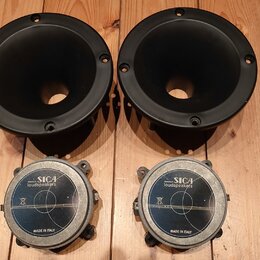 Dva černé tubové reproduktory s kruhovým hornem a čtyři montážními otvory. Pod nimi jsou dva magnetické členy s nápisy SICA loudspeakers a MADE IN IT…