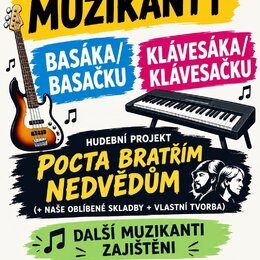 Grafický inzerát s nápisem HLEDÁME MUZIKANTY, který hledá basáka/basačku a klávesáka/klávesačku. V horní části jsou ilustrace elektrické basy v žlutě…