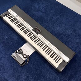 Černý digitální klavír s bílými a černými klávesami. Na pravé straně je vidět nápis "Yamaha CP5". Vedle nástroje leží černý napájecí adaptér a bílý m…