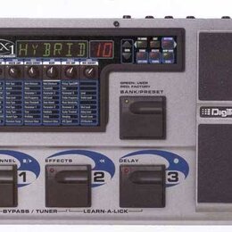 Šedý kytarový procesor s nápisem GNX1 GuitarFx GUITAR PROCESSOR. Displej zobrazuje text HYBRID 10 a vedle jsou umístěny ovládací tlačítka a potenciom…