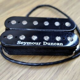 Černý humbucker s dvěma řadami magnetických pólů. Na spodním snímači je bílý nápis Seymour Duncan. Povrch plastového krytu vykazuje drobné škrábance…