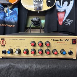 Zlatý basový zesilovač s nápisy EDEN, DAVID EDEN a The Traveler 550. Na předním panelu jsou uvedeny texty Twin Triode Tube Pre Amplifier, World Tour…