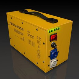 Žlutý kovový přístroj s černou rukojetí na horní straně. Na boku je nápis Bayger., model ST 230 a označení AC VOLTAGE STABILIZER 230 V +1,7% (4V). Př…