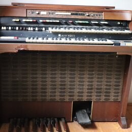 Hnědý dřevěný orgán se dvěma klávesnicemi a pedálovým hracím polem. Na spodní klaviatuře je umístěn nápis HAMMOND. Horní panel obsahuje řadu bílých a…