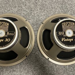 Dvě identické reproduktory s kovovým rámem v béžovém odstínu. Na středovém krytu je černý štít s nápisy CELESTION LOUDSPEAKERS, G12, 8ohms a Vintage…