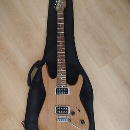 Elektrická kytara s přírodním dřevěným povrchem těla a hnedým hmatníkem, položená na černém softcasu. Nástroj má dva humbuckery a na hlavě je viditel…