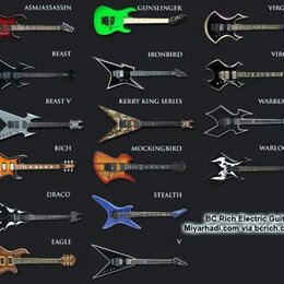 Kolaž s 15 modely elektrických kytar značky BC Rich v různých barvách a tvarech. Nad každým nástrojem je uveden název modelu: ASM/ASSASSIN, GUNSLINGE…