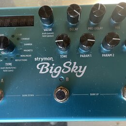 Modré efektové pedál s nápisem strymon BigSky. Horní panel obsahuje čtyři otočné knoflíky s popisky VALUE, DECAY, PRE-DELAY a MIX, spodní řadu čtyř k…