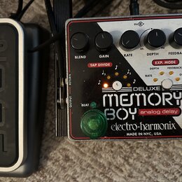 Na fotografii jsou dva kytarové pedály. Vlevo je stříbrný pedal s černým vrchem a nápisem 3ECN. Vpravo je efekt Electro-Harmonix Deluxe Memory Boy an…