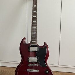 Kytara s tmavě červeným lakem a černým pickguardem. Na hlavě je viditelné zlaté logo Epiphone. Nástroj má dva humbuckery, tři ovládací knoflíky a pře…