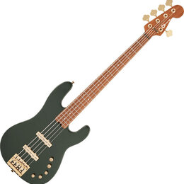 Tmavě zelená elektrická basová kytara se čtyřmi strunami a hnedým hmatníkem. Na hlavě je viditelné logo "Squier". Nástroj má zlatý hardware, včetně l…