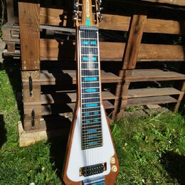 Elektrická lap steel kytara s dřevěným korpusem a bílým krycí plátem. Na hlavě je červený nápis Sondley a pod ním zelený nápis Steel Guitar. Hmatník…