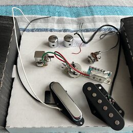 Sada elektroniky pro elektrickou kytaru rozmístěná na bílém podkladu. Soubor obsahuje dva chromované knofíky, jeden přepínač, potenciometr, vstupní j…