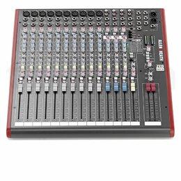 Míchací pult s šedým povrchem a červenými bočními listy. Na pravé straně je vidět logo ALLEN & HEATH a modelové označení ZED-16FX. Přístroj obsahuje…