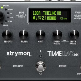 Kytarový efekt pedál značky strymon, model TIMELINE MX. Zařízení má šedý kovový povrch s černým displejem a sedmi ovládacími knoflíky s nápisy TIME,…