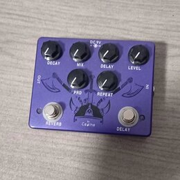Fialový efekt pedál s kovovým povrchem. Na horní straně jsou ovládací knoflíky s popisky DECAY, MIX, DELAY, LEVEL, PRD a REPEAT. Ve spodní části jsou…