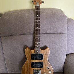 Elektrická kytara s přírodním dřevěným povrchem a hnědým hmatníkem. Na hlavě je nápis "Superstar". Nástroj má dva černých humbuckery, čtyři bílé ovlá…