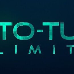 Grafický obrázek s nápisem AUTO-TUNE® UNLIMITED v tyrkysově modré barvě na tmavém pozadí. Písmo má digitální vzhled s viditelným rozdělením na malé č…