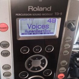 Stříbrný perkusní zvukový modul značky Roland, model TD-9. Na displeji je zobrazen text DRUM KIT 49, Voices a HumanBeatBox s dalšími nápisy INST, FUN…