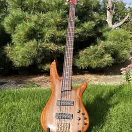 Dřevěná basová kytara s přírodním povrchem a hnědým hmatníkem. Na těle jsou dva černý humbuckery, čtyři ovládací knofíky a čtyři ladicí struny u most…