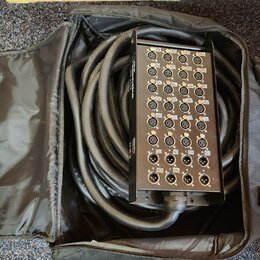 Černý rozpojitý kabel s konektory v kovovém boxu, umístěný v černé přepravní tašce. Na panelu jsou vidět početné konektory XLR a nápisy jako M1, M2,…