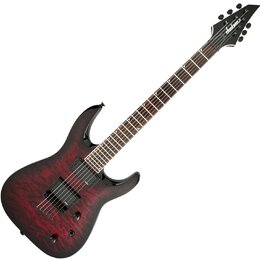 Elektrická kytara s červeným plamenovitým povrchem těla a černými komponenty. Na hlavě hředu je bílý nápis Jackson. Kytara má dva humbuckery, jeden o…