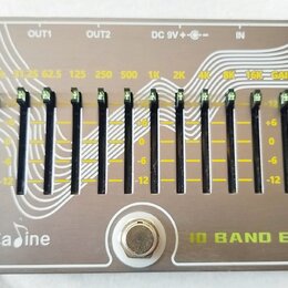 Stříbrný ekvalizér s nápisem Ca dine a 10 BAND EQ. Zařízení obsahuje 12 posuvníků s žlutými popisky: VOL, 31.25, 62.5, 125, 250, 500, 1K, 2K, 4K, 8K,…