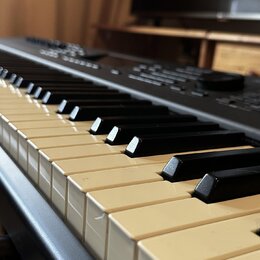 Detailní pohled na klávesnici elektronického klavíru s bílými a černými klávesami. Povrch bílých kláves vykazuje známky opotřebení a žlutnutí. V horn…