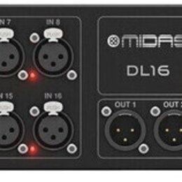 Černý rackový stagebox s nápisem MIDAS a označením DL16. Na levé straně se nachází 16 vstupů XLR s označením IN 1 až IN 16, u kterých svítí červené k…