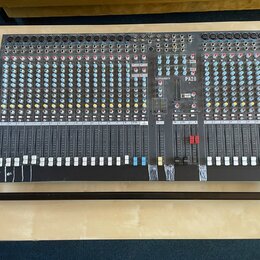 Šedý mixovací pult s velkým množstvím potenciometrů, posuvníků a vstupních konektorů. Na horní části je vidět bílý nápis ALLEN&HEATH a označení model…