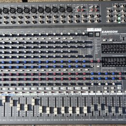 Šedý mixovací pult s nápisy SAMSON a 24 DSP. Pod logem je uveden model TXM80 1000W STEREO POWERED MIXER. Na ovládacím panelu jsou řady bílých a modrý…