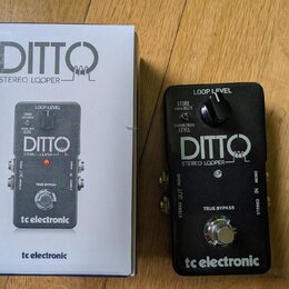 Černý efekt pedál s nápisy DITTO STEREO LOOPER a tc electronic. Na horní části jsou popisky LOOP LEVEL, BACKING TRACK LEVEL a STORE hold to DELETE. V…