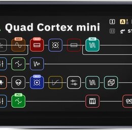 Digitální efektový procesor s černým tělem a velkým displejem. Na obrazovce je nápis 1A Quad Cortex mini, slovo STOMP a grafické schéma signálových c…