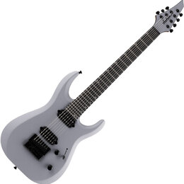 Světle šedá elektrická kytara s tmavým hmatníkem a černými komponenty. Na hlavě je bílý nápis Jackson. Nástroj má dva humbuckery, jeden ovládací knof…