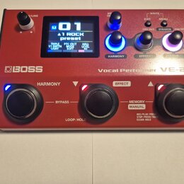 Červený vokální procesor značky BOSS, model Vocal Performer VE-2. Zařízení má digitální displej s nápisem „01 1 ROCK preset“ a několika parametry v d…