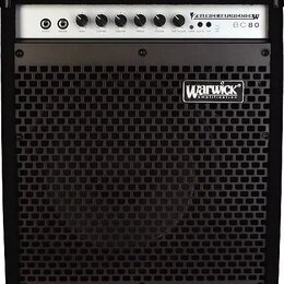 Černý basový kombo zesilovač s kovovou mřížkou. Na horním ovládacím panelu je nápis BC 80 a logo Warwick. Uprostřed mřížky je bílo-černý štítek s náp…