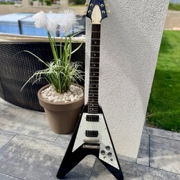 Černá elektrická kytara s V-tvarým korpusem a bílým pickguardem. Na hlavě hmatníku je vidět nápis Aria. Nástroj má dva humbuckery, tři ovládací knofl…