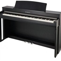 Černý digitální piano v celočerném provedení s bílými a černými klávesami. Na přední straně nad klávesnicí je bílý nápis KAWAI. Nástroj obsahuje inte…