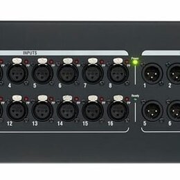 Černý rackový stagebox s nápisy ALLEN&HEATH a DX168 AudioRack. Zařízení má 16 vstupů označených jako INPUTS (čísla 1–16) a 8 výstupů označených jako…