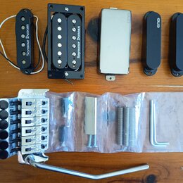 Sada kytarového příslušenství rozložená na dřevěném povrchu. V horní části jsou dva černé snímače s nápisem Seymour Duncan, jeden stříbrný a dva čern…