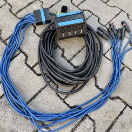 Sada kabelů s rozbočovacím černým boxem, který má čtyři konektory XLR. Na boxu jsou vidět bílé nápisy 1, 2, 3 a 4. Z boxu vychází černý kabel, který…