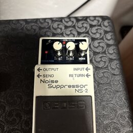 Bílý efekt pedál s černým spínacím tlačítkem. Na zařízení jsou nápisy BOSS, Noise Suppressor NS-2 a popisky ovládacích prvků REDUCTION, MODE, OUTPUT,…