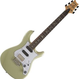 Světle zelená elektrická kytara s bílým pickguardem a hnědým hmatníkem. Na hlavě nástroje je viditelné logo s nápisem „ESP“. Kytara má dva humbuckery…