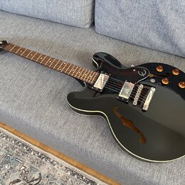 Černá polodublová elektrická kytara s hnědým hmatníkem a dvěma humbuckery. Na hlavě je bílé logo Epiphone, na těle se nachází černý plecháč s logem v…