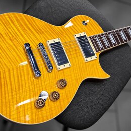 Elektrická kytara s žlutým plamenovitým povrchem těla a hnědým hmatníkem. Nástroj má dva humbuckery, čtyři otočné knoflíky a stрійkový most. Na hlavě…